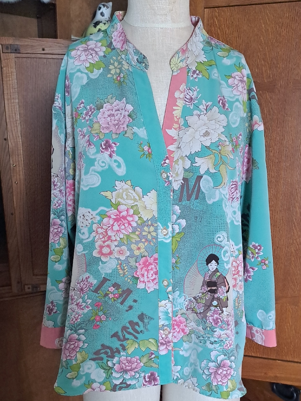 Vintage Josie By Natori Geisha Garden Teal Floral Pajama Top Blouse Size XL